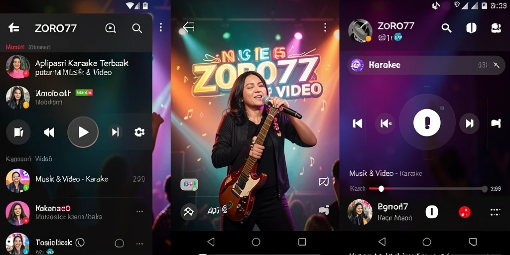 Antarmuka aplikasi ZORO77 dengan fitur Karaoke yang menarik.